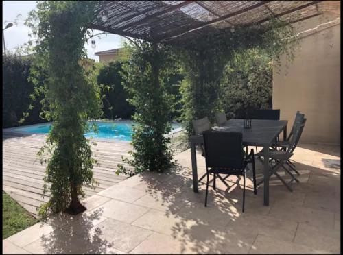un patio avec une table et des chaises sous une pergola dans l'établissement Maison avec Studio indépendant, à LʼIsle-sur-la-Sorgue