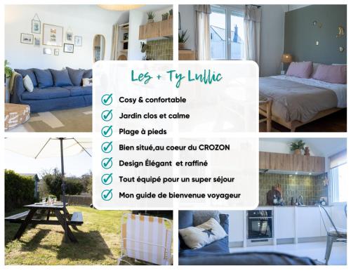 un collage de photos d'un salon avec un canapé bleu dans l'établissement Ti TITE- jardin clos - plage à pieds, à Crozon