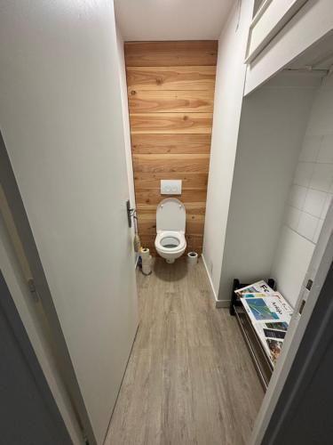 Elle comprend une petite salle de bains pourvue de toilettes. dans l'établissement Bel appartement centre ville de Foix, à Foix