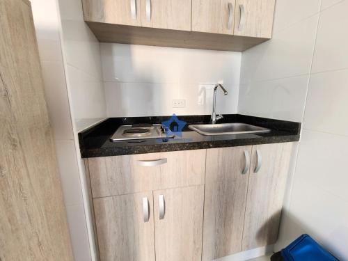 卡塔赫纳Apartamento Piso 18 Blue Horizon的一个带木制橱柜和水槽的小厨房