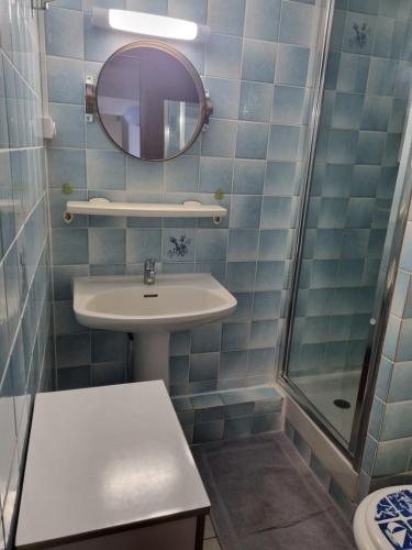 une salle de bain avec un lavabo, un miroir et une douche dans l'établissement Front de mer, Appt 6p, vue plage, allée des Arts, au Barcarès