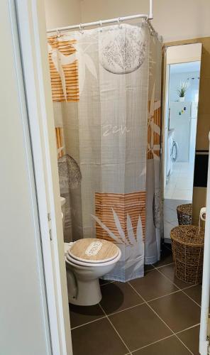 une salle de bain avec toilettes et douche dans l'établissement Apartment 2 steps from Bergerie Beach!, à Hyères