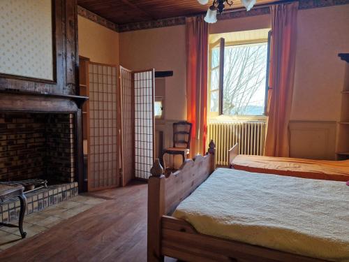 une chambre avec un lit et une cheminée dans l'établissement Gite de Montrepos - Ancien Presbytère XVIIe siècle, à Estaing