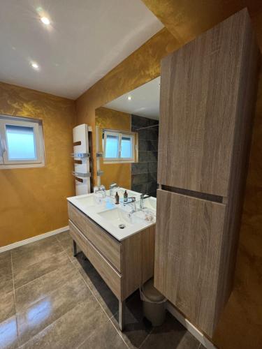un bagno con un lavandino e un grande specchio di Bienvenue chez Vic a Neufchâteau