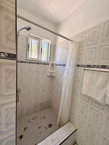a white bathroom with a shower and a window at Hotel Al Mare in Santa Cruz de Barahona