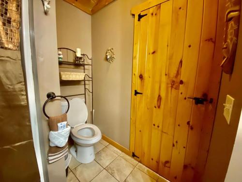 a bathroom with a toilet and a wooden door at Jungle Safari Honeymoon Cabin in Sevierville