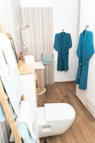 a bathroom with blue robes hanging on the wall at Le CAILLOU in La Trinité