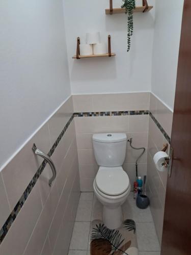 a bathroom with a white toilet in a room at Appartements Des Roses in Le Lamentin