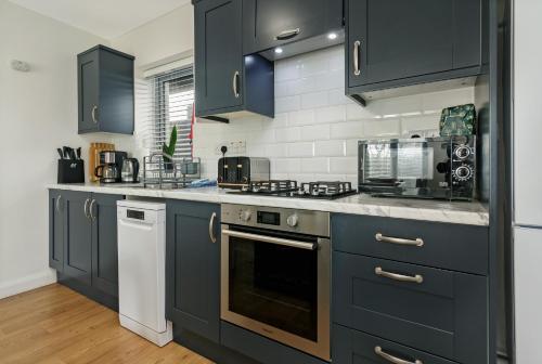 a kitchen with blue cabinets and a stove top oven at St. Edwards Overlook in Sligo