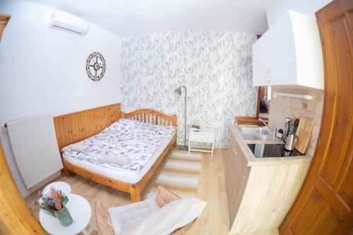 a small room with a bed and a sink at Vicze Apartmanház in Siófok