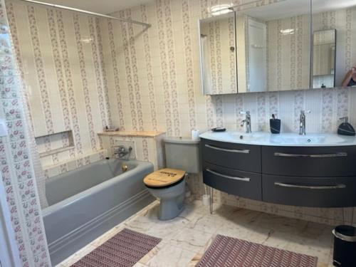 une salle de bain avec une baignoire, des toilettes et un lavabo dans l'établissement Villa 250m from beach, Moulleau village Arcachon, à La Teste-de-Buch