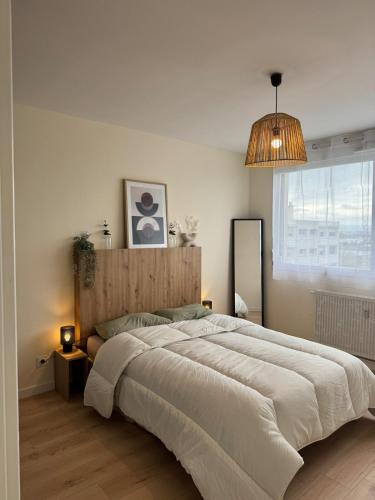 - une chambre avec un grand lit et une lampe pendant dans l'établissement Appt Ideal groupes, prox Eurexpo, à Saint-Priest