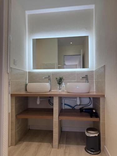 une salle de bain avec deux lavabos et un grand miroir dans l'établissement Appt Ideal groupes, prox Eurexpo, à Saint-Priest