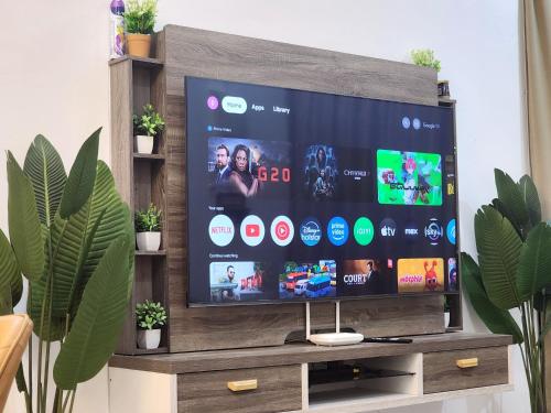 a flat screen tv sitting on top of a wooden entertainment center at Dirgahayu Homestay III Serindit in Kulim