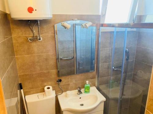 a bathroom with a sink and a shower at Apartments by the sea Loviste, Peljesac - 24163 in Lovište