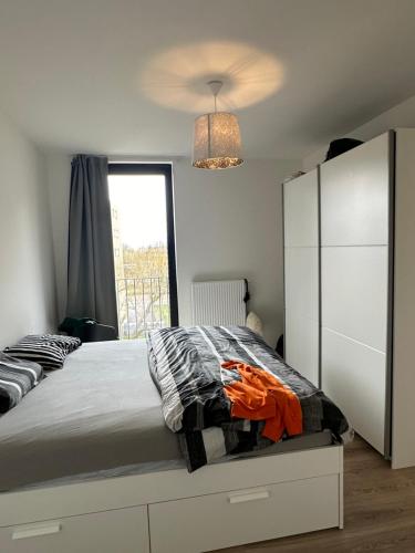 アントワープにあるStylish & Spacious stay in Antwerpのベッドと大きな窓のある寝室