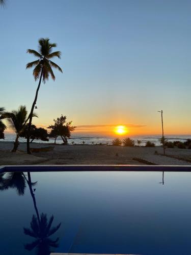 a sunset on the beach with a palm tree at Hotel Al Mare in Santa Cruz de Barahona