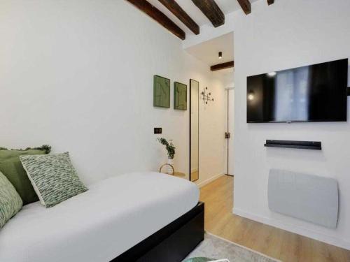 a living room with a white couch and a flat screen tv at Cosy studio - 2P - 16ème métro Ranelagh in Paris