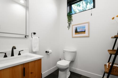 a bathroom with a toilet and a sink at Horsefeathers Hotel in Hood River