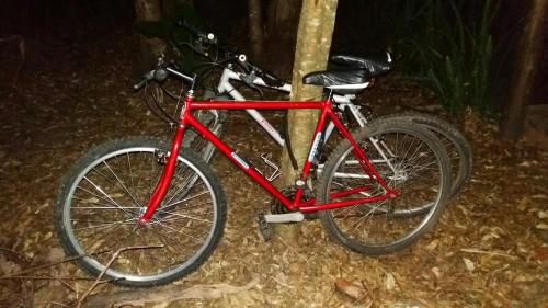 una bici rossa parcheggiata accanto a un palo di Hermosa Cabaña confortable y muy equipada a Santa Ana