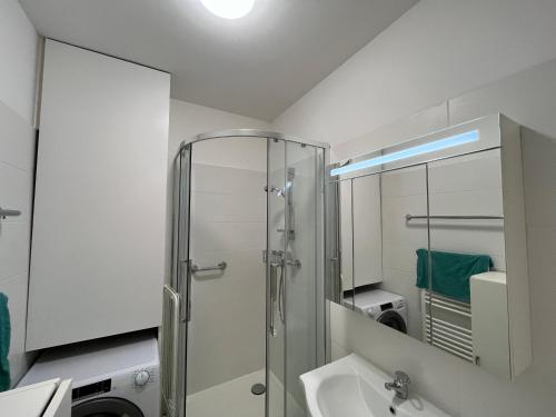 une salle de bain avec douche et lavabo dans l'établissement Studio cosy à Arcachon - Centre ville, plage à pied, parking privé - FR-1-319-604, à Arcachon