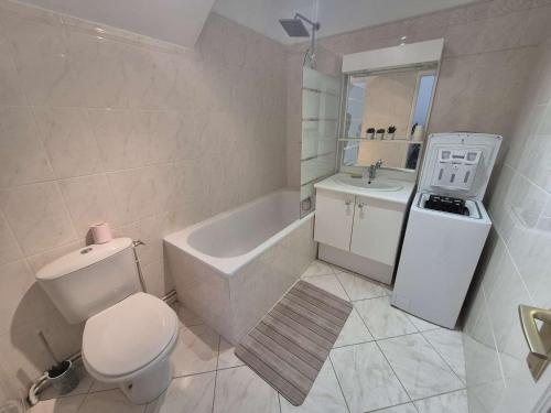une salle de bain avec toilettes, baignoire et lavabo dans l'établissement Duplex T3 lumineux avec garage à Berck-Plage - FR-1-674-50, à Berck-sur-Mer