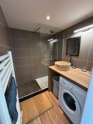 une machine à laver dans une salle de bain avec douche dans l'établissement Studio et piscine sur la grande plage, à Biarritz