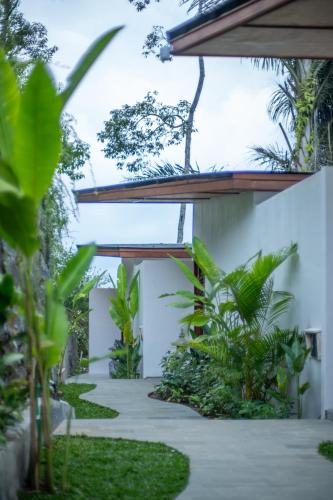 a courtyard with plants and a wooden walkway at Micaela Bali Ubud Villas in Tegalalang