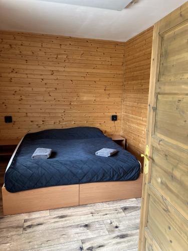 a bedroom with a bed in a wooden room at Panelcz in Uherčice