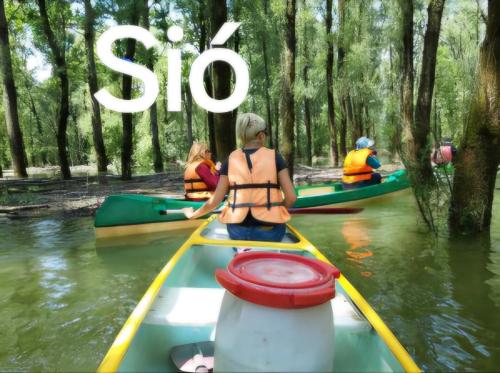 a group of people in kayaks on a river at Mi Kis Lakunk - szállás&dézsa a szőlőhegyen in Várdomb