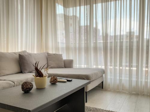 a living room with a couch and a table at Elite Business Residence with Free Gym Pass, Street Parking and Full Office Setup in Plovdiv
