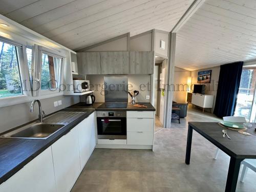 - une cuisine avec un évier et une table dans une chambre dans l'établissement Chalet en bord de plage, à Ondres