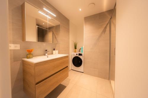 a bathroom with a sink and a washing machine at Appartement Cosy près de tout ! in Mons