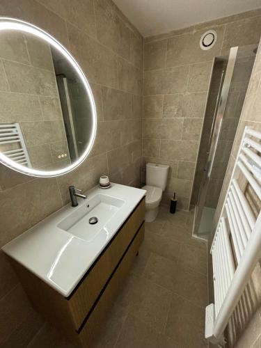 une salle de bain avec un lavabo et un miroir et des toilettes dans l'établissement Le Rocher - Appt pour 6 climatisé avec piscine, à LʼÎle-Rousse