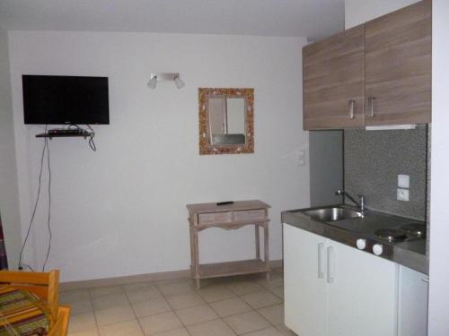 Il comprend une cuisine avec un évier et une télévision murale. dans l'établissement La Vieille Tour, à Salavas