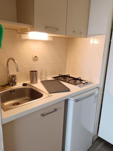 une petite cuisine avec un évier et une cuisinière dans l'établissement Studio Les Hauts de BALARUC 89, à Balaruc-les-Bains