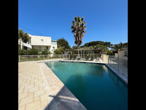 une piscine avec une clôture et un palmier dans l'établissement La Piscine - Appt pour 6 climatisé avec piscine, à LʼÎle-Rousse
