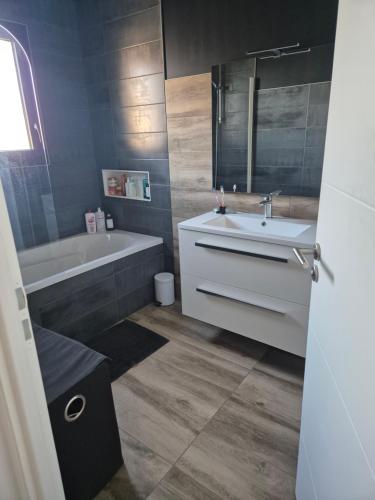 La salle de bains est pourvue d'une baignoire, d'un lavabo et d'une baignoire. dans l'établissement Appartement 1 chambre et terrasse, à Vienne