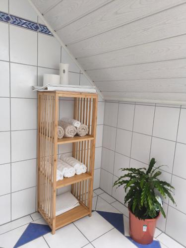 a towel shelf in a bathroom with a plant at Diane Appartement in Scheer
