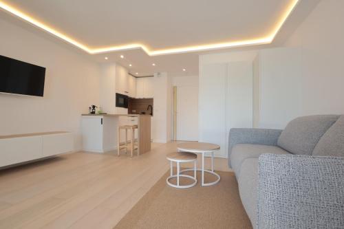un salon avec un canapé et une table et une cuisine dans l'établissement Le Regina - Apt standing 2 Prs - Clim - Parking, à Antibes