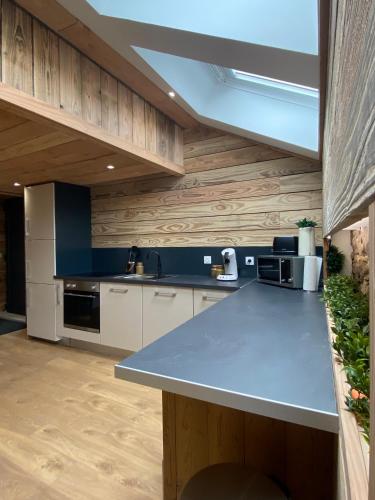 a kitchen with a blue counter top and wooden walls at Gîtes les cocons des guédons Le Douglas in Le Ménil
