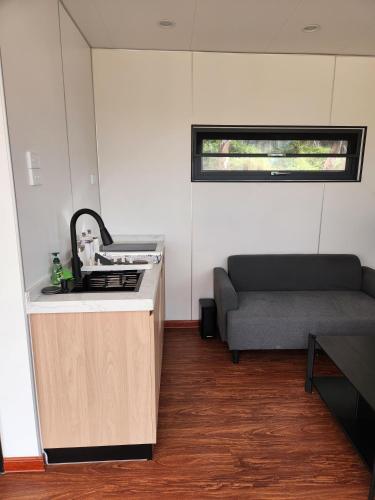 a living room with a couch and a sink in a room at Woodland Edge in Greenvale