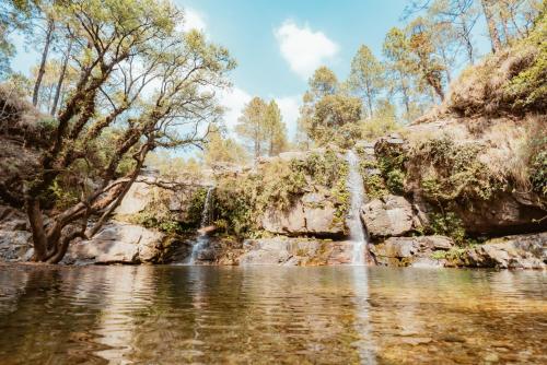 a waterfall in the middle of a body of water at THE HIMALAYAN WOODS, CHAUKORI in Chaukori