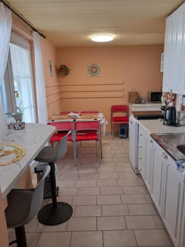 a kitchen with a table and some red chairs at Jaroslav Ambrož Elvomont Chlum u Třeboně in Chlum u Třeboně