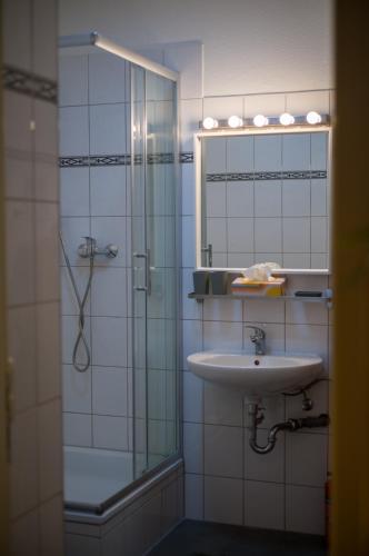 a bathroom with a shower and a sink and a mirror at Appartement Luna in Magdeburg