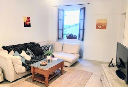 a living room with a couch and a coffee table at Charmant appartement au cœur du village de Fayence in Fayence