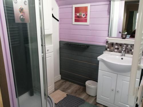 a purple bathroom with a sink and a shower at Charmante petite maison proche de Meymac in Meymac