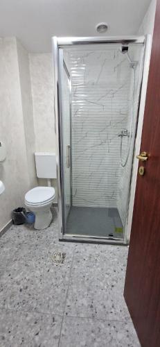 a bathroom with a shower and a toilet at Motel Mesterul Manole in Curtea de Argeş