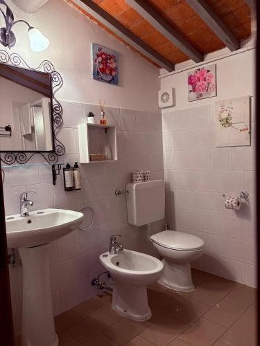 a white bathroom with a toilet and a sink at Villa Schiatti in Cortona