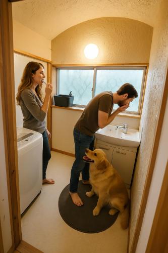 a man and a woman and a dog in a bathroom at Guesthouse & Sharehouse カリマ安曇沓掛 in Omachi